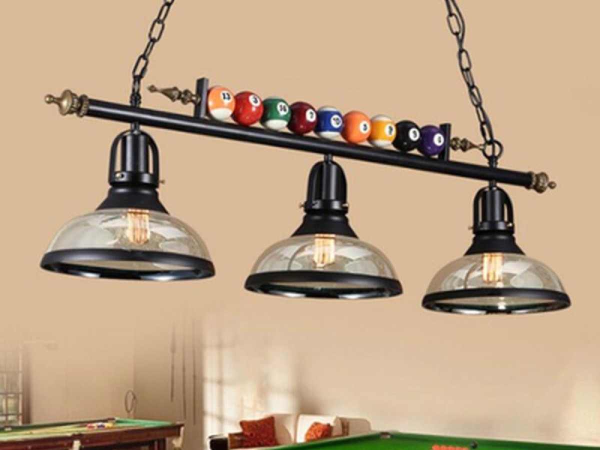 Lampara colgante de 99 cm tipo vintage para mesa de billar con 3 sombras transparentes